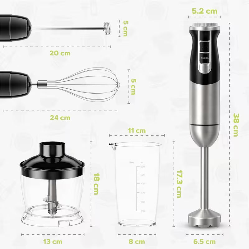 M4Y 5 IN 1 Hand Blender Kitchen Set 1000 W Stainless Steel Stick Blender, DC Motor, 2 Speeds with 21 Variable Speeds, 860ml Mini Food Processor Chopper, Electric Whisk Milk Frother, 600ml Beaker