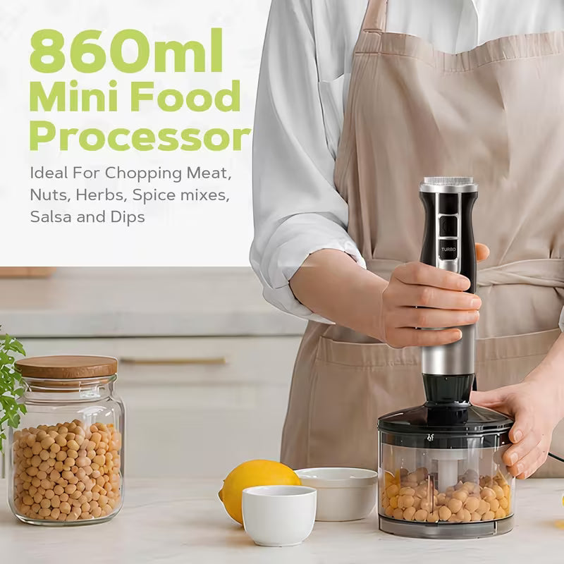 M4Y 5 IN 1 Hand Blender Kitchen Set 1000 W Stainless Steel Stick Blender, DC Motor, 2 Speeds with 21 Variable Speeds, 860ml Mini Food Processor Chopper, Electric Whisk Milk Frother, 600ml Beaker