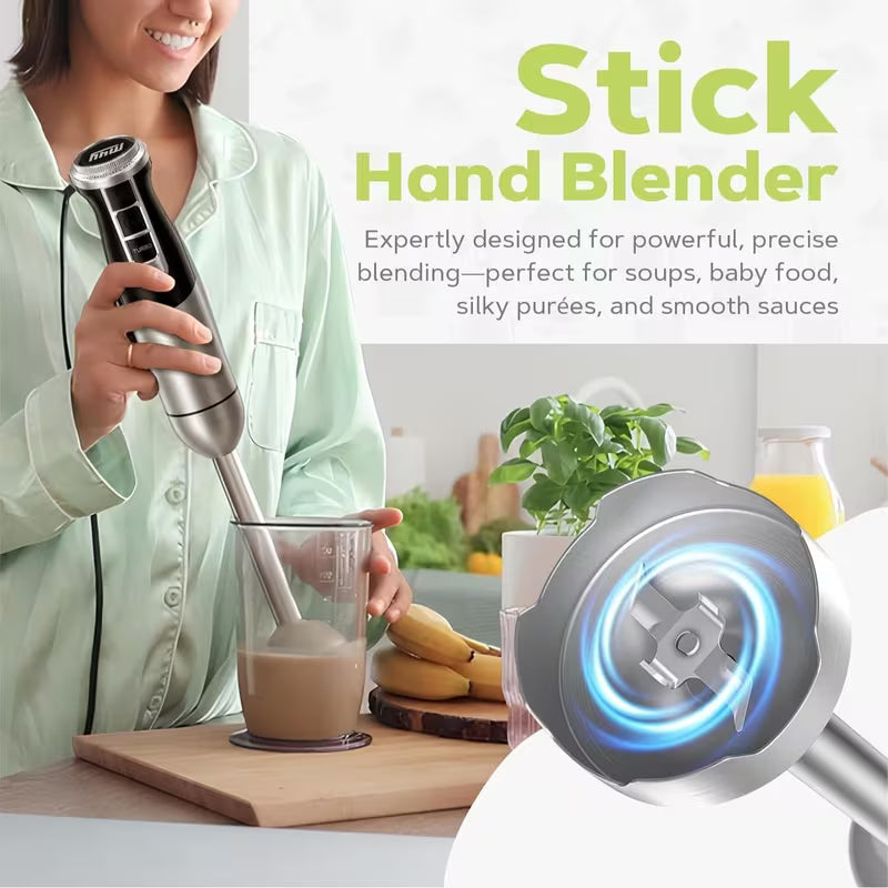 M4Y 5 IN 1 Hand Blender Kitchen Set 1000 W Stainless Steel Stick Blender, DC Motor, 2 Speeds with 21 Variable Speeds, 860ml Mini Food Processor Chopper, Electric Whisk Milk Frother, 600ml Beaker